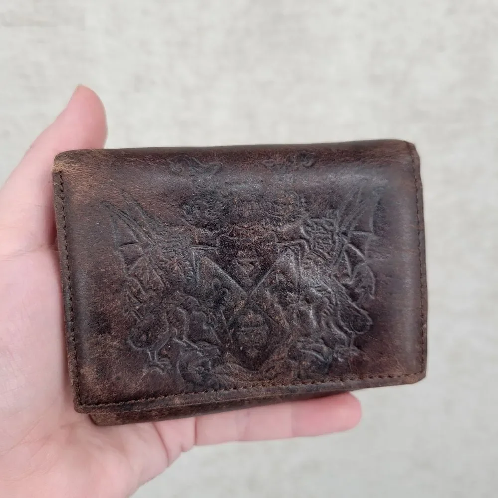 Faded Glory Vintage Brown Leather Wallet with Crest Dueling Dragons Embossed